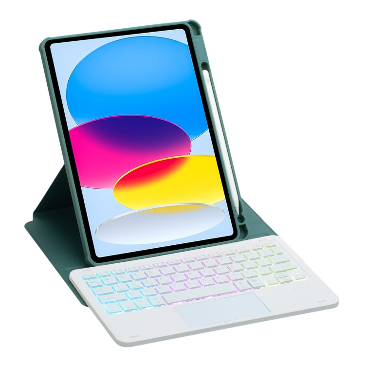 For iPad 10th Gen 10.9 2022 F10B-AS 360 Rotation Acrylic Transparent Bluetooth Keyboard Leather Case With Touch Control / Backlight(Green)