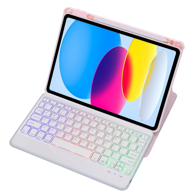 For iPad 10th Gen 10.9 2022 F10BS 360 Rotation Acrylic Transparent Bluetooth Keyboard Leather Case With Backlight(Pink)