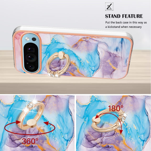 For Google Pixel 9 Pro XL Electroplating IMD TPU Phone Case with Ring(Blue Marble)
