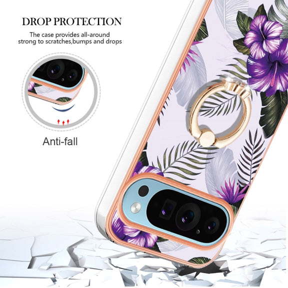For Google Pixel 9 Pro XL Electroplating IMD TPU Phone Case with Ring(Purple Flower)