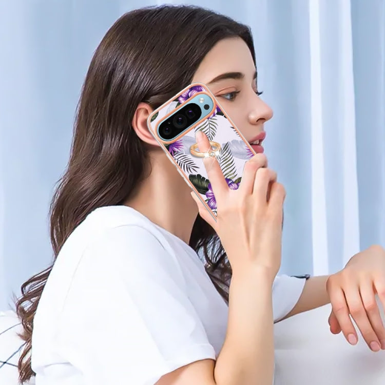 For Google Pixel 9 Pro XL Electroplating IMD TPU Phone Case with Ring(Purple Flower)