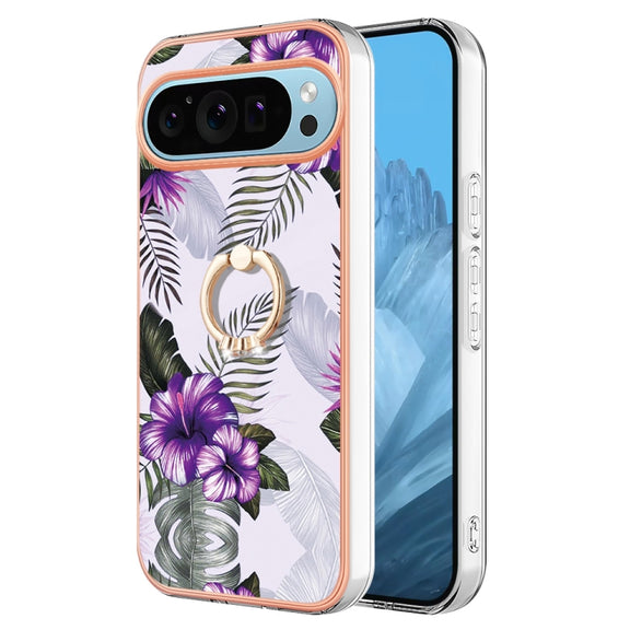 For Google Pixel 9 Pro XL Electroplating IMD TPU Phone Case with Ring(Purple Flower)
