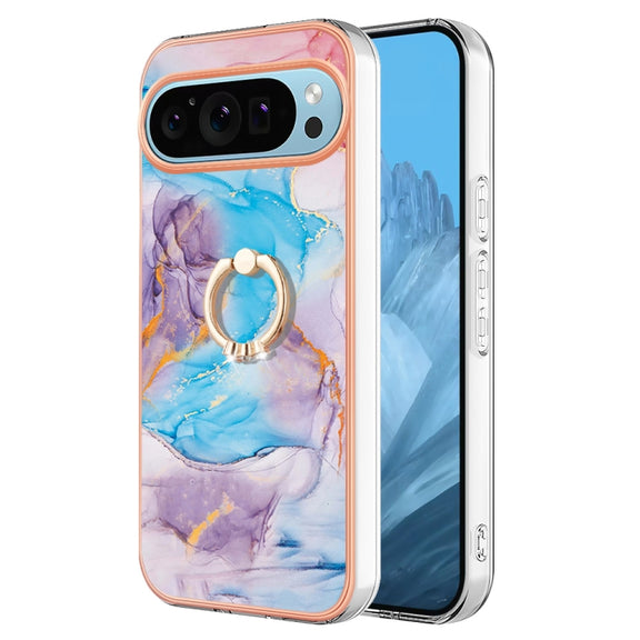 For Google Pixel 9 / 9 Pro Electroplating IMD TPU Phone Case with Ring(Blue Marble)