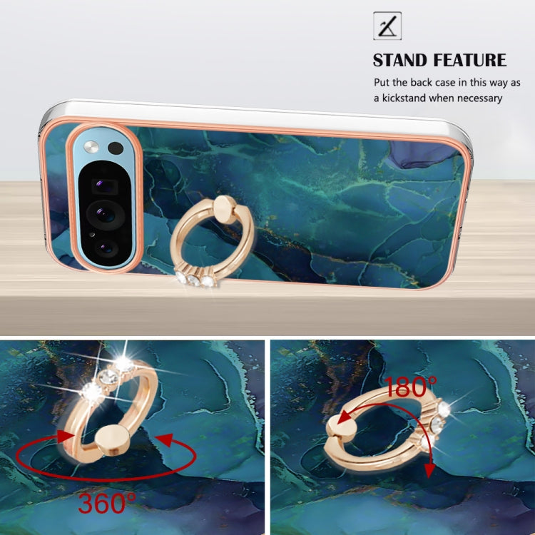 For Google Pixel 9 / 9 Pro Electroplating Marble Dual-side IMD Phone Case with Ring(Green 017) - Google Cases by PMC TechLife | Online Shopping South Africa | PMC TechLife | Buy Now Pay Later Mobicred