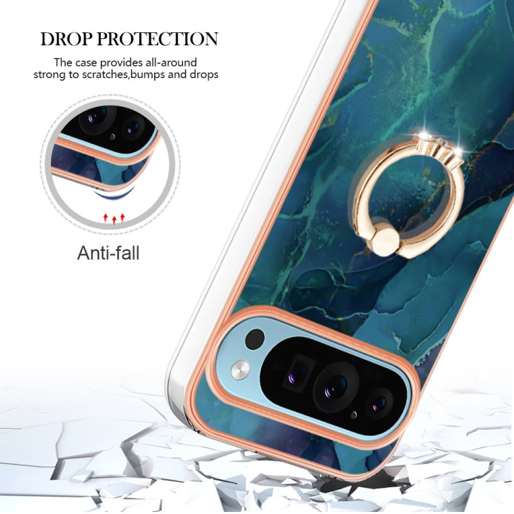For Google Pixel 9 / 9 Pro Electroplating Marble Dual-side IMD Phone Case with Ring(Green 017)