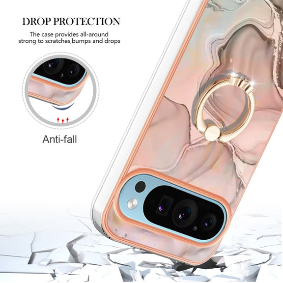 For Google Pixel 9 / 9 Pro Electroplating Marble Dual-side IMD Phone Case with Ring(Rose Gold 015)