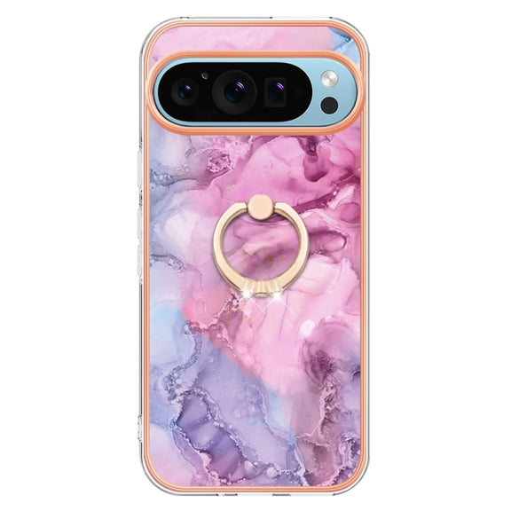 For Google Pixel 9 Pro XL Electroplating Marble Dual-side IMD Phone Case with Ring(Pink 013)