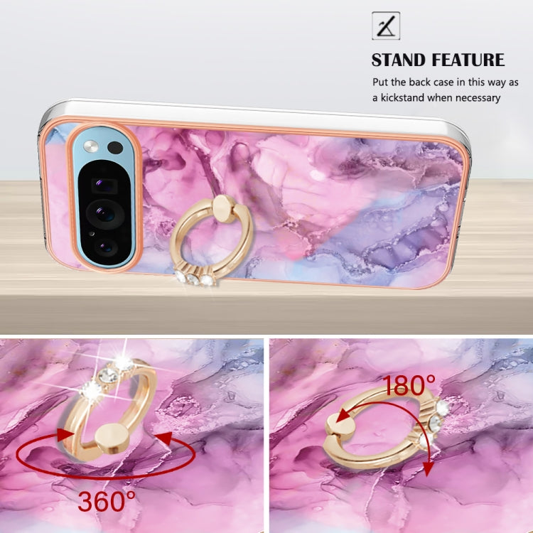For Google Pixel 9 Pro XL Electroplating Marble Dual-side IMD Phone Case with Ring(Pink 013)