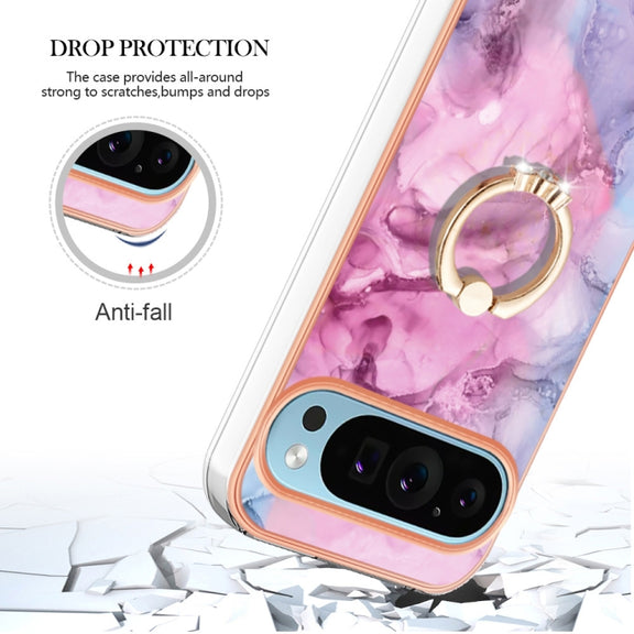 For Google Pixel 9 Pro XL Electroplating Marble Dual-side IMD Phone Case with Ring(Pink 013)