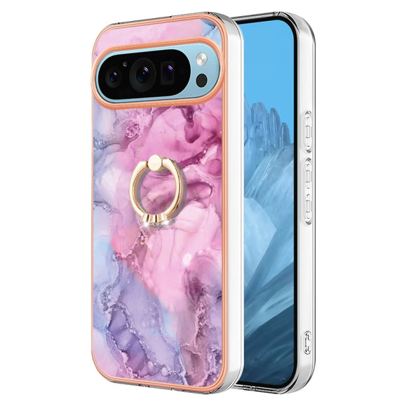 For Google Pixel 9 Pro XL Electroplating Marble Dual-side IMD Phone Case with Ring(Pink 013)