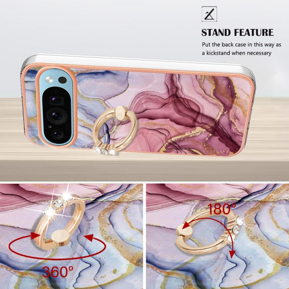 For Google Pixel 9 Pro XL Electroplating Marble Dual-side IMD Phone Case with Ring(Rose Red 014)