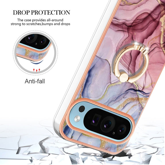 For Google Pixel 9 Pro XL Electroplating Marble Dual-side IMD Phone Case with Ring(Rose Red 014)