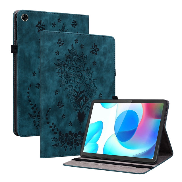 For Realme Pad 10.4 / Pad 5G 10.4 Butterfly Rose Embossed Leather Tablet Case(Dark Blue)