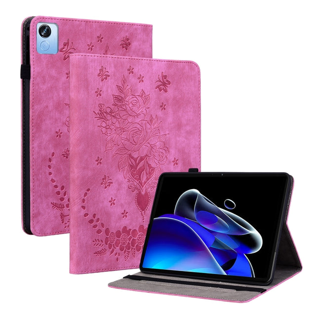 For Realme Pad X Butterfly Rose Embossed Leather Tablet Case(Rose Red)