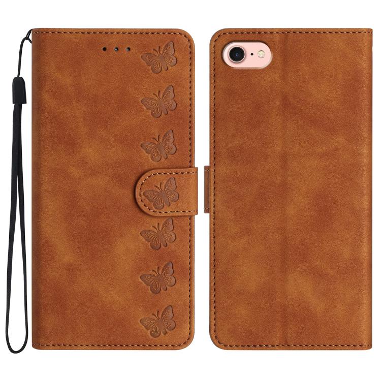 For iPhone 16e Seven Butterflies Embossed Leather Phone Case(Brown) - iPhone 16e Cases by PMC TechLife | Online Shopping South Africa | PMC TechLife | Buy Now Pay Later Mobicred