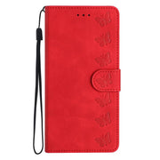 For iPhone 16e Seven Butterflies Embossed Leather Phone Case(Red)