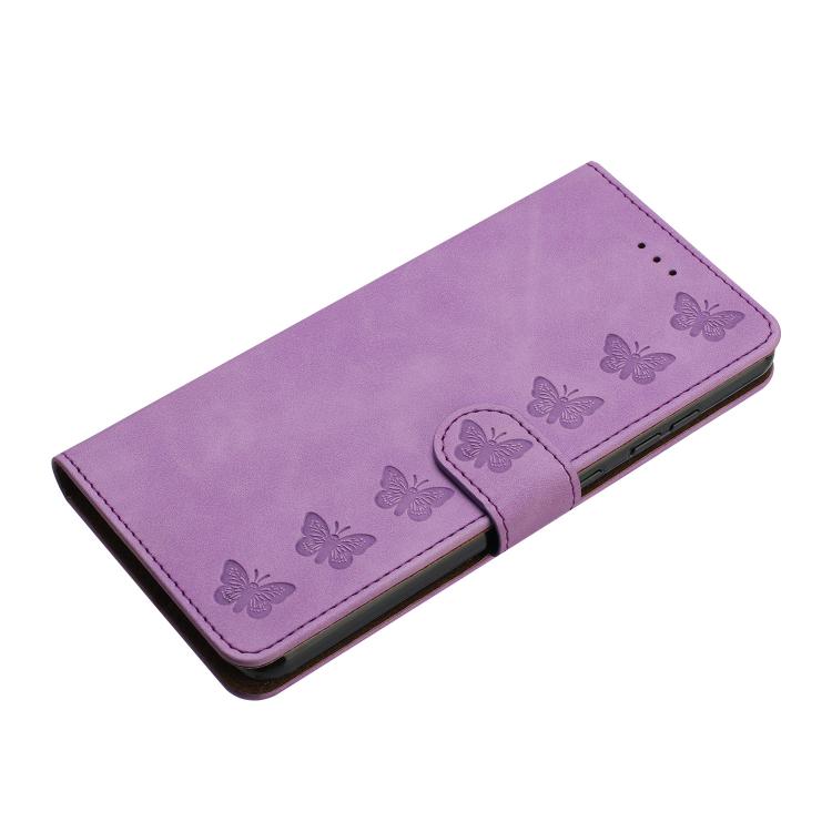For iPhone 16e Seven Butterflies Embossed Leather Phone Case(Purple)