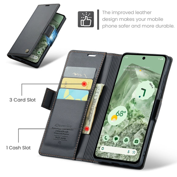 For Google Pixel 8a CaseMe 023 Butterfly Buckle Litchi Texture RFID Anti-theft Leather Phone Case(Black)