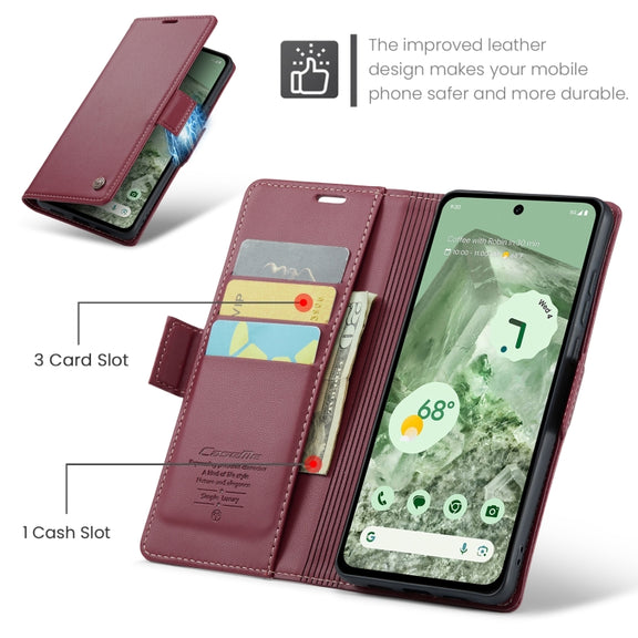 For Google Pixel 8a CaseMe 023 Butterfly Buckle Litchi Texture RFID Anti-theft Leather Phone Case(Wine Red)