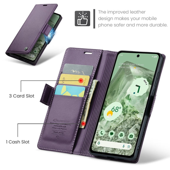 For Google Pixel 8a CaseMe 023 Butterfly Buckle Litchi Texture RFID Anti-theft Leather Phone Case(Pearly Purple)