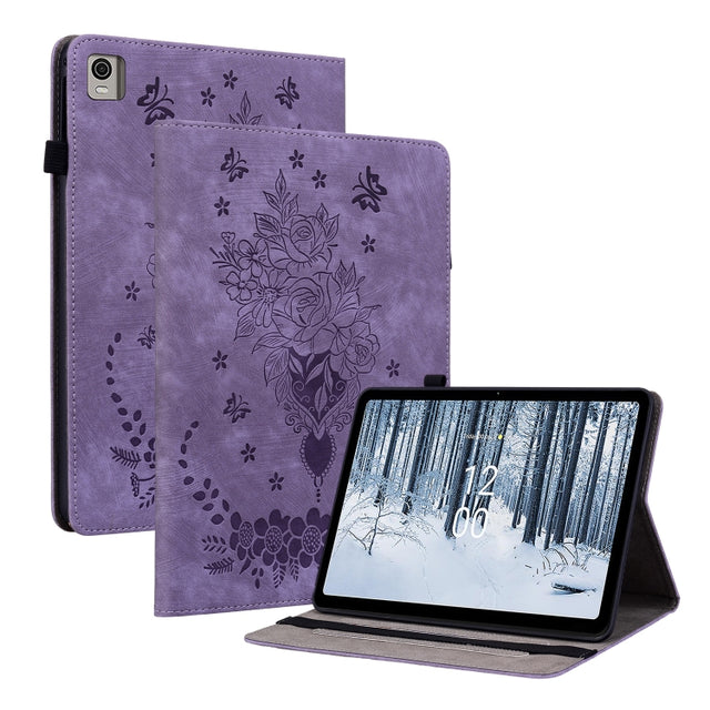 For Nokia T21 Butterfly Rose Embossed Leather Tablet Case(Purple)