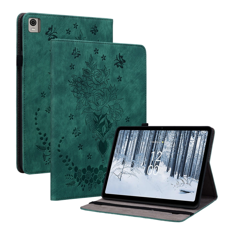For Nokia T21 Butterfly Rose Embossed Leather Tablet Case(Green) - Honor Cases by PMC TechLife | Online Shopping South Africa | PMC TechLife | Buy Now Pay Later Mobicred