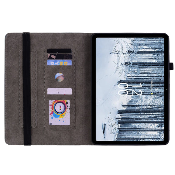 For Nokia T21 Butterfly Rose Embossed Leather Tablet Case(Dark Blue)