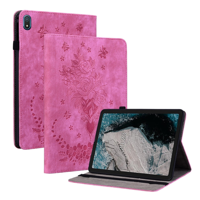 For Nokia T20 10.4 2021 Butterfly Rose Embossed Leather Tablet Case(Rose Red)