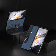 For Honor Magic Vs Integrated Genuine Leather + PC Litchi Texture Phone Case with Holder(Blue)