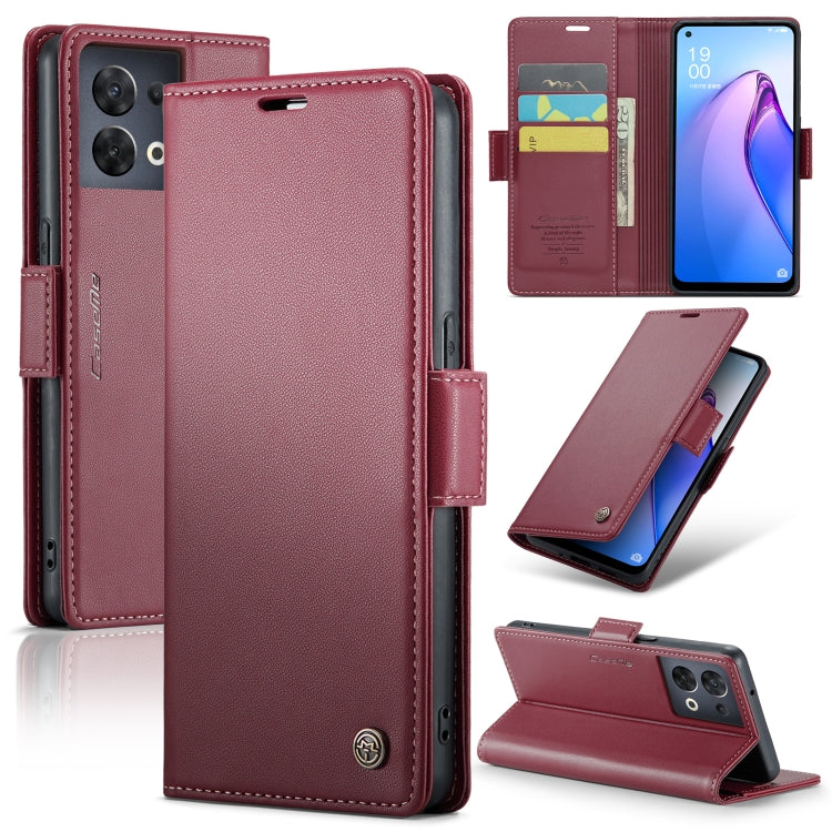 For OPPO Reno8 5G Global CaseMe 023 Butterfly Buckle Litchi Texture RFID Anti-theft Leather Phone Case(Wine Red) - free shipping - PMC Jewellery - Order now!