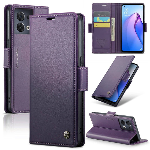 For OPPO Reno8 5G Global CaseMe 023 Butterfly Buckle Litchi Texture RFID Anti-theft Leather Phone Case(Pearly Purple)