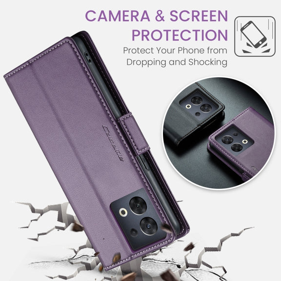 For OPPO Reno8 5G Global CaseMe 023 Butterfly Buckle Litchi Texture RFID Anti-theft Leather Phone Case(Pearly Purple)