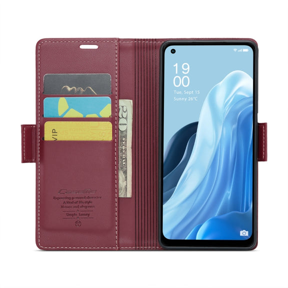 For OPPO Reno7 4G Indonesia/F21 Pro 4G/Reno8 4G CaseMe 023 Butterfly Buckle Litchi Texture RFID Anti-theft Leather Phone Case(Wine Red)