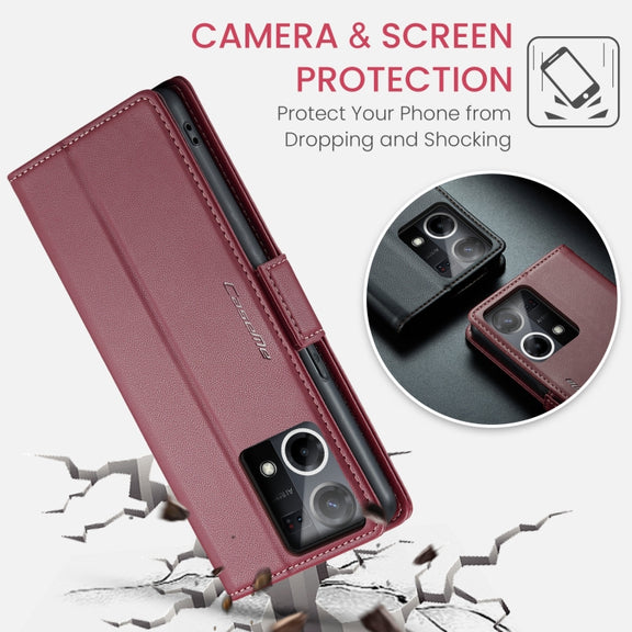 For OPPO Reno7 4G Indonesia/F21 Pro 4G/Reno8 4G CaseMe 023 Butterfly Buckle Litchi Texture RFID Anti-theft Leather Phone Case(Wine Red)