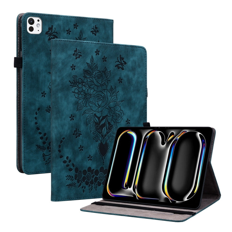 For iPad Pro 11 2024 Butterfly Rose Embossed Leather Smart Tablet Case(Dark Blue) - iPad Pro 11 2024 Cases by PMC TechLife | Online Shopping South Africa | PMC TechLife | Buy Now Pay Later Mobicred