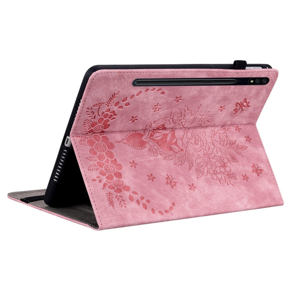 For Samsung Galaxy Tab S9 Butterfly Rose Embossed Leather Tablet Case(Pink)