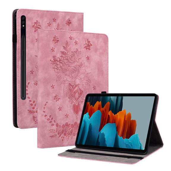 For Samsung Galaxy Tab S9 Butterfly Rose Embossed Leather Tablet Case(Pink)