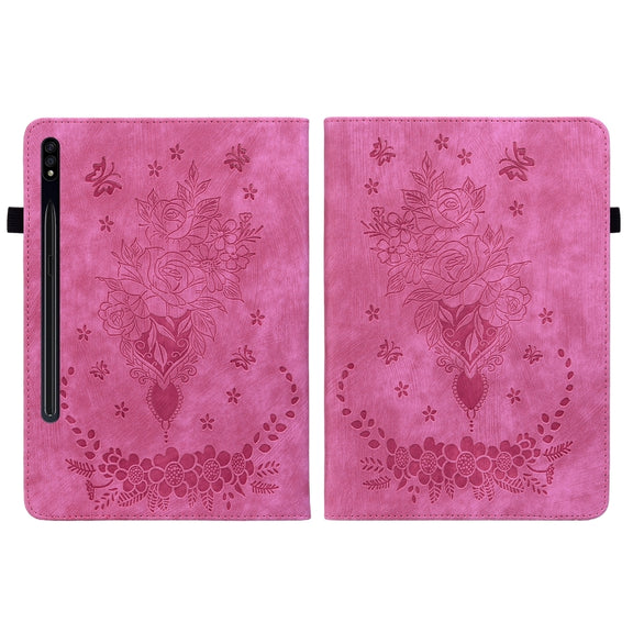 For Samsung Galaxy Tab S9 Butterfly Rose Embossed Leather Tablet Case(Rose Red)