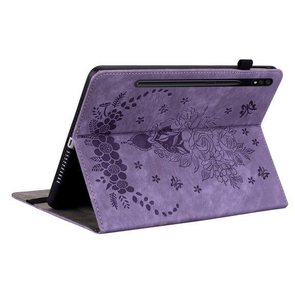 For Samsung Galaxy Tab S9 Butterfly Rose Embossed Leather Tablet Case(Purple)