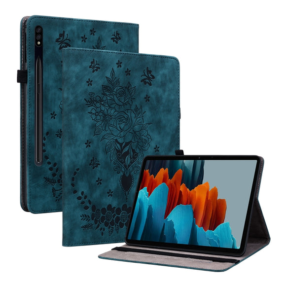 For Samsung Galaxy Tab S9 Butterfly Rose Embossed Leather Tablet Case(Dark Blue)