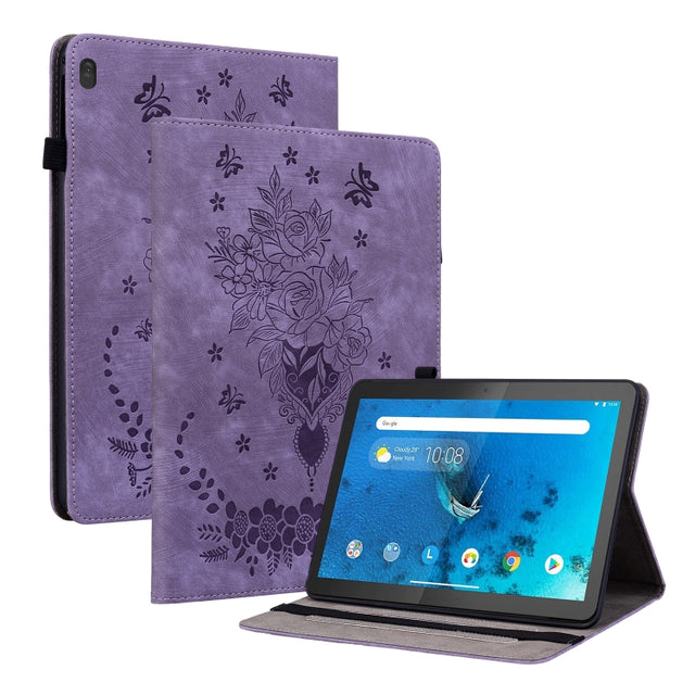 For Lenovo M10 Butterfly Rose Embossed Leather Tablet Case(Purple) - Lenovo by PMC TechLife | Online Shopping South Africa | PMC TechLife | Buy Now Pay Later Mobicred