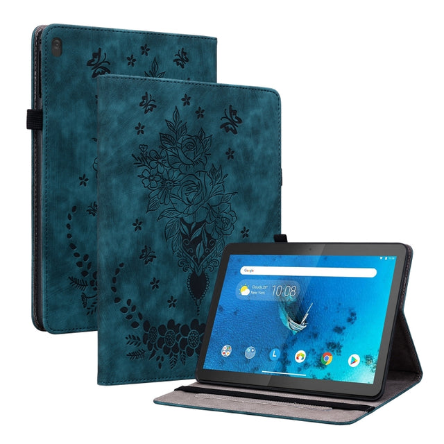 For Lenovo M10 Butterfly Rose Embossed Leather Tablet Case(Dark Blue) - Lenovo by PMC TechLife | Online Shopping South Africa | PMC TechLife | Buy Now Pay Later Mobicred