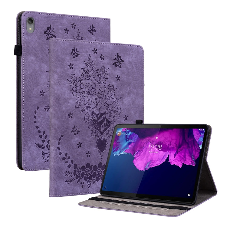 For Lenovo Tab P11 TB-J606F Butterfly Rose Embossed Leather Tablet Case(Purple) - Lenovo by PMC TechLife | Online Shopping South Africa | PMC TechLife | Buy Now Pay Later Mobicred