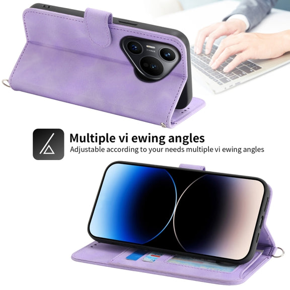 For Huawei Pura 70 Skin-feel Flowers Embossed Wallet Leather Phone Case(Purple)
