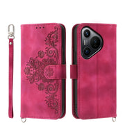 For Huawei Pura 70 Skin Feel Flowers Embossed Wallet Leather Phone Case(Wine Red)