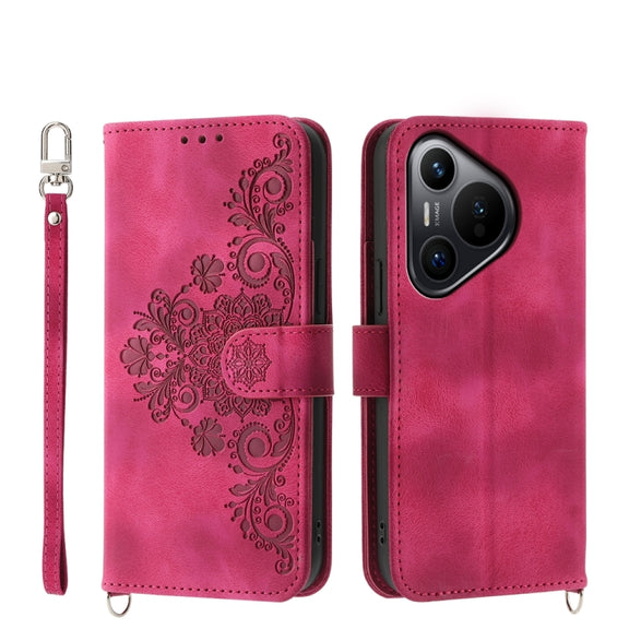 For Huawei Pura 70 Skin Feel Flowers Embossed Wallet Leather Phone Case(Wine Red)