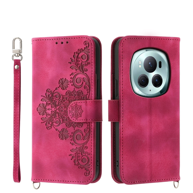 For Honor Magic6 Pro Skin Feel Flowers Embossed Wallet Leather Phone Case(Wine Red) - free shipping - PMC Jewellery - Order now!