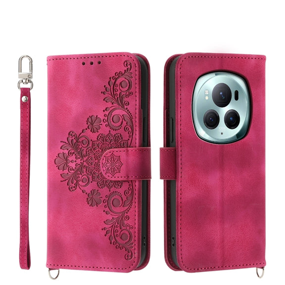 For Honor Magic6 Pro Skin Feel Flowers Embossed Wallet Leather Phone Case(Wine Red)