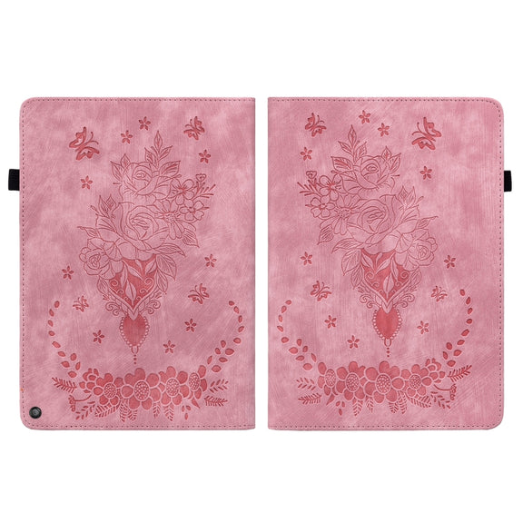 For Amazon Kindle Fire HD10 2021 Butterfly Rose Embossed Leather Smart Tablet Case(Pink)