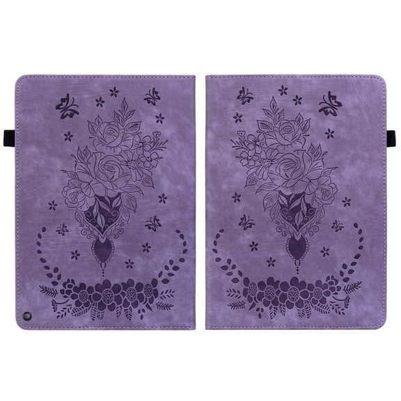 For Amazon Kindle Fire HD10 2021 Butterfly Rose Embossed Leather Smart Tablet Case(Purple)